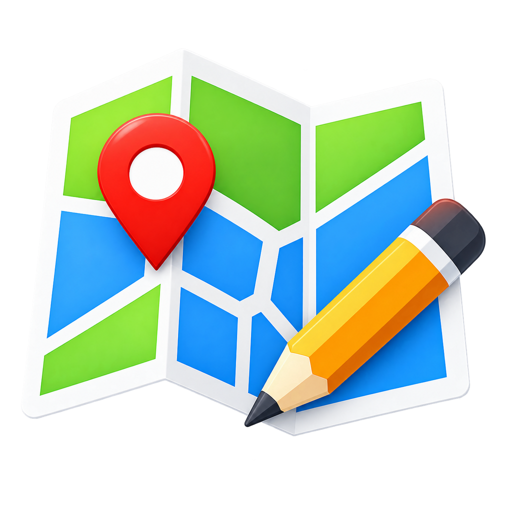 Logotipo do MapEditor: um mapa dobrado, um marcador e um lápis