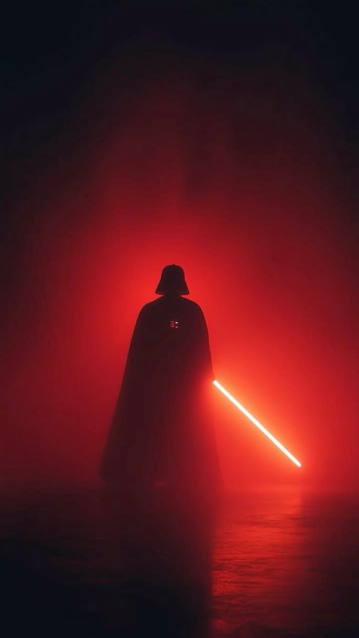 Darth Vader em silhueta, diante de uma luz vermelha